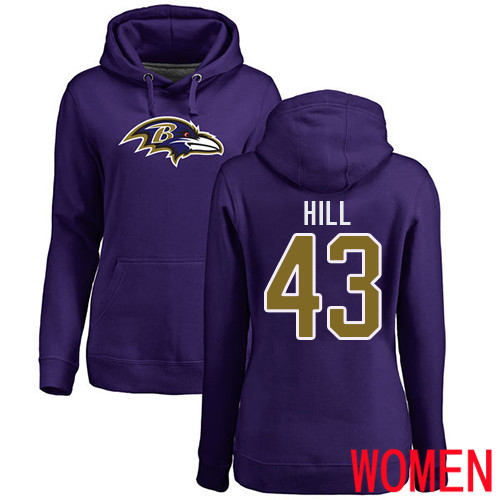 Baltimore Ravens Purple Women Justice Hill Name and Number Logo NFL Football 43 Pullover Hoodie Sweatshirt